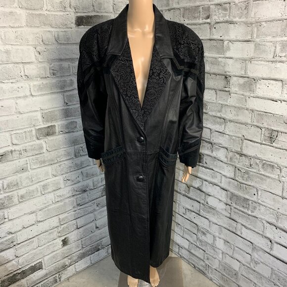 Vintage 80s 90s Leather Suede Trench Coat Long Medium Black Maxi Retro Overcoat - Picture 1 of 16